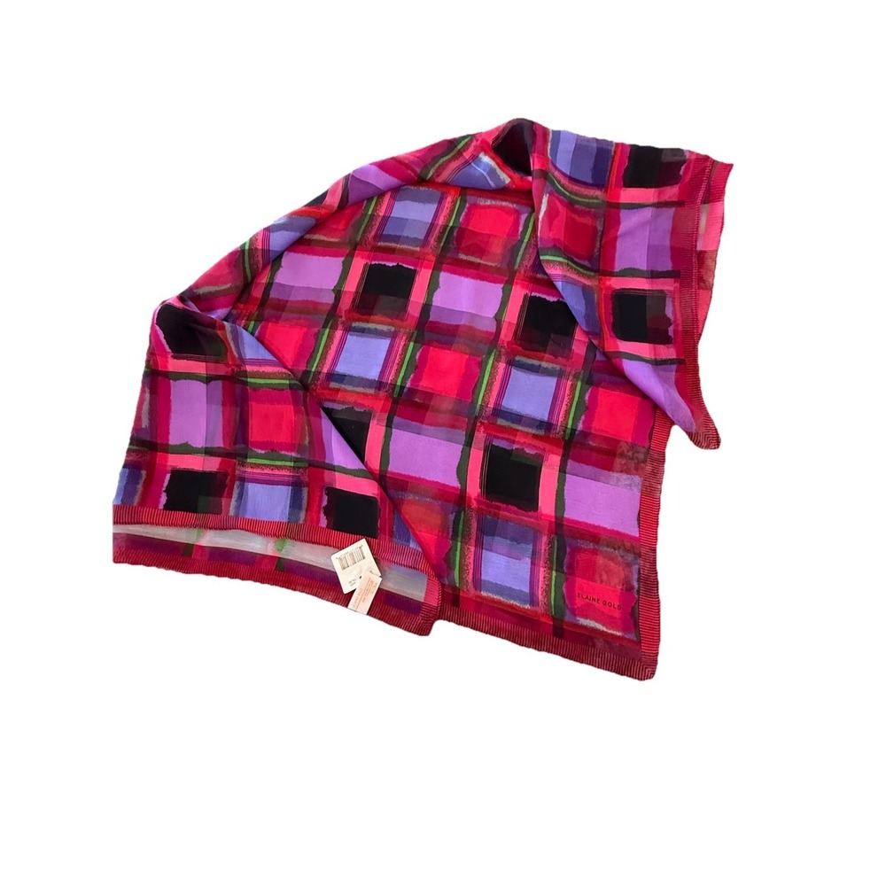 Vintage Elaine Gold‎ Multi Color Red Pink Black Abstract Print Scarf 34"x35"